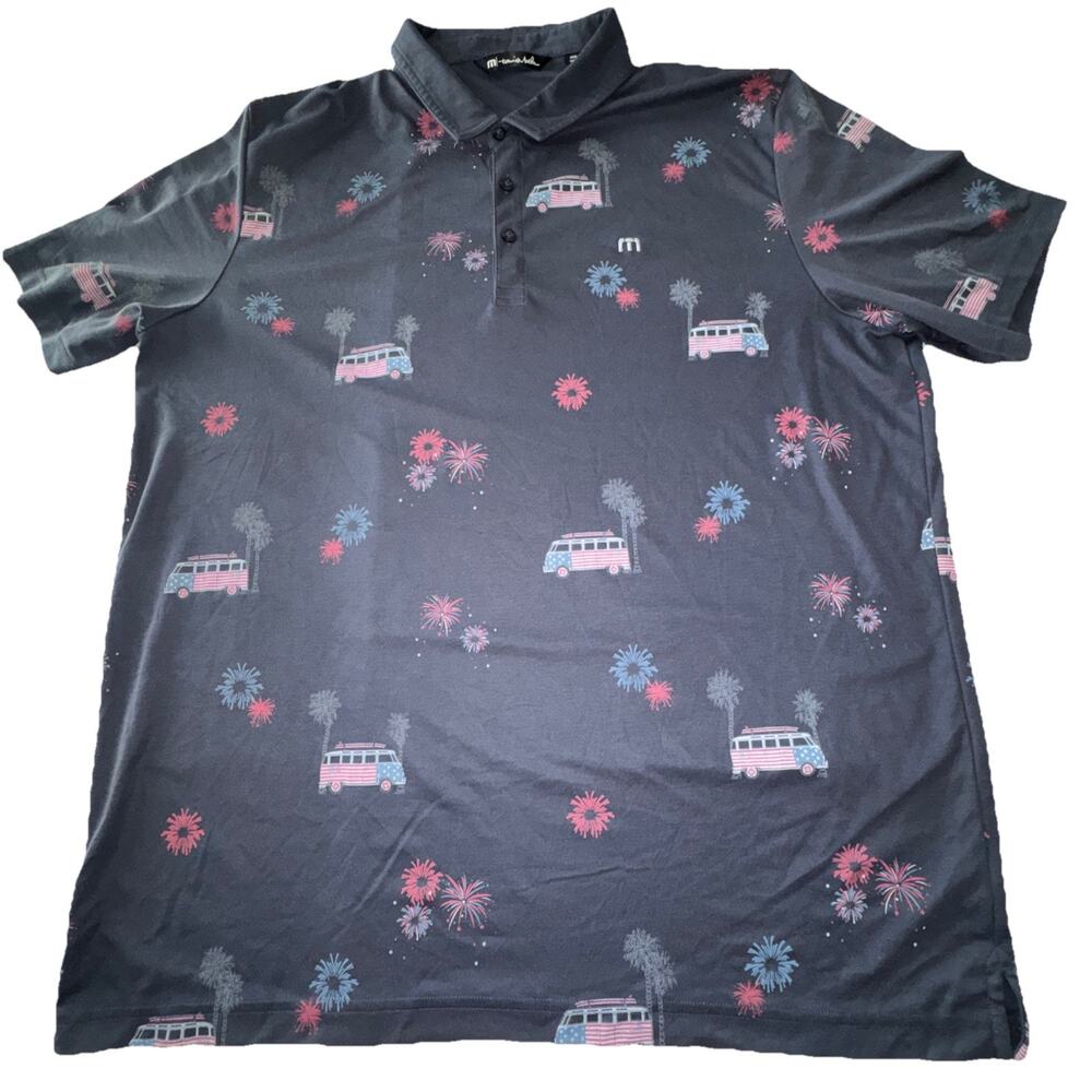 TravisMathew Polo Shirt Mens 3XL Navy Blue Fireworks Bus Print Golf Pima Cotton